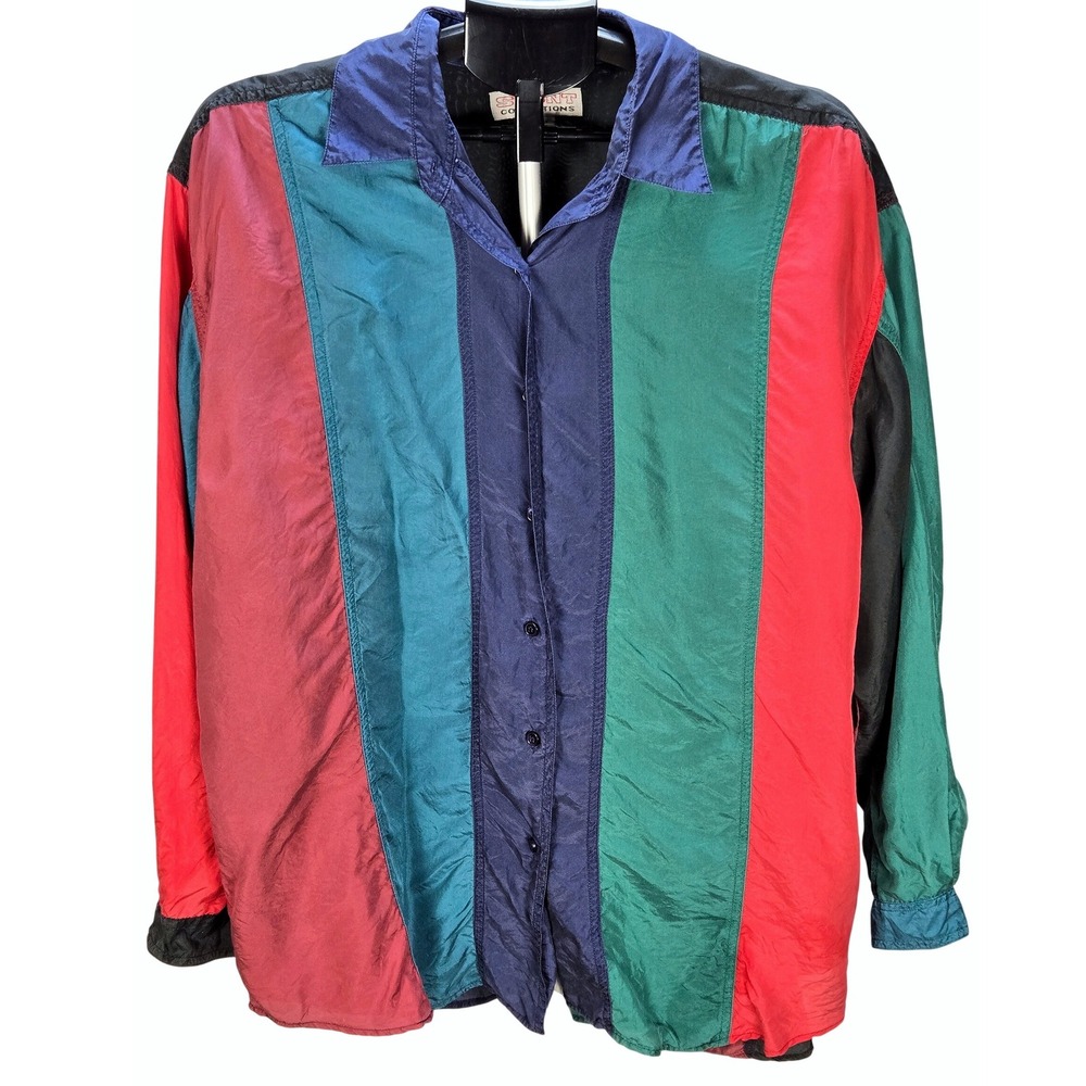 VTG 90's Large Silk Colorblock‎ Button Down Shirt Streetwear Hip Hop
